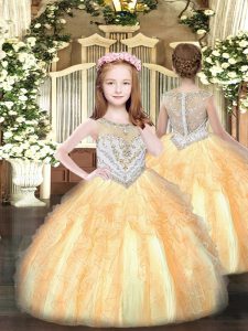 Perfect Floor Length Gold Little Girls Pageant Dress Wholesale Organza Sleeveless Beading and Ruffles