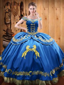 Hot Sale Satin and Organza Off The Shoulder Sleeveless Lace Up Beading and Embroidery Ball Gown Prom Dress in Blue