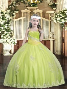 Yellow Green Sleeveless Appliques and Sequins Floor Length Kids Formal Wear
