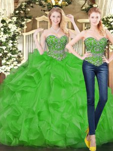 Fashion Sleeveless Floor Length Beading and Ruffles Lace Up Sweet 16 Dresses with Green