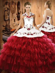 Custom Made Wine Red Ball Gowns Satin and Organza Halter Top Sleeveless Embroidery and Ruffled Layers Floor Length Lace 