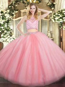 Floor Length Baby Pink Quinceanera Gown Tulle Sleeveless Beading