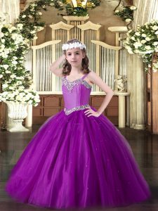 Hot Sale Eggplant Purple Ball Gowns Tulle Straps Sleeveless Beading Floor Length Lace Up Little Girls Pageant Dress