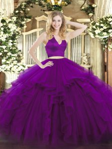 Organza Halter Top Sleeveless Zipper Ruffles Quince Ball Gowns in Purple