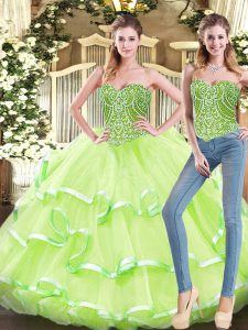Elegant Beading and Ruffled Layers 15th Birthday Dress Yellow Green Lace Up Sleeveless Floor Length