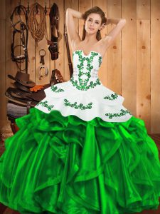 Discount Green Ball Gowns Strapless Sleeveless Satin and Organza Floor Length Lace Up Embroidery and Ruffles Vestidos de
