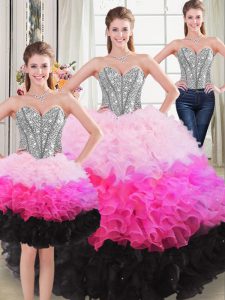 Multi-color Three Pieces Sweetheart Sleeveless Organza Floor Length Lace Up Beading and Ruffles Sweet 16 Quinceanera Dre