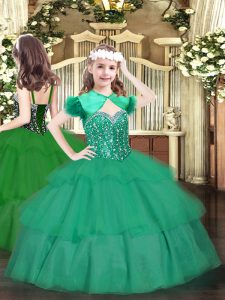 Turquoise Ball Gowns Organza Straps Sleeveless Beading and Ruffled Layers Floor Length Lace Up Pageant Dress Wholesale