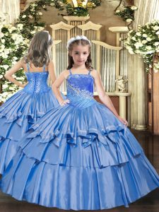 Straps Sleeveless Organza Little Girl Pageant Gowns Beading and Ruffled Layers Lace Up