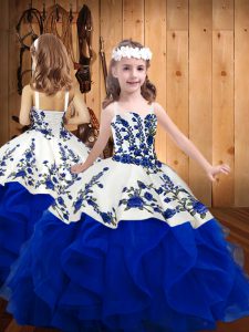 New Arrival Royal Blue Straps Neckline Embroidery and Ruffles Pageant Gowns For Girls Sleeveless Lace Up