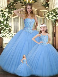 Colorful Floor Length Lace Up Quinceanera Gown Baby Blue for Military Ball and Sweet 16 and Quinceanera with Beading