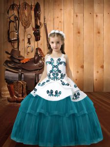 Teal Ball Gowns Embroidery Little Girl Pageant Dress Lace Up Tulle Sleeveless Floor Length