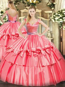 Suitable Floor Length Hot Pink Sweet 16 Dress Tulle Sleeveless Beading and Ruffled Layers