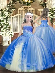 Sleeveless Floor Length Beading Lace Up Girls Pageant Dresses with Baby Blue