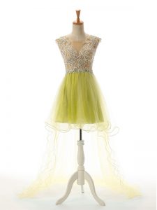 Fitting Yellow Green Sleeveless Tulle Backless Prom Party Dress for Prom and Party