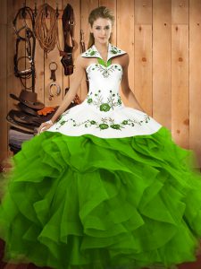 Sleeveless Tulle Floor Length Lace Up Quince Ball Gowns in with Embroidery and Ruffles