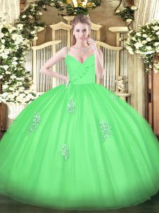 Elegant Floor Length Green Ball Gown Prom Dress Tulle Sleeveless Appliques