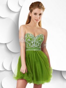 Olive Green Tulle Zipper Homecoming Dress Sleeveless Mini Length Beading