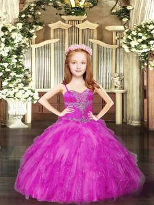 Beading and Ruffles Child Pageant Dress Fuchsia Lace Up Sleeveless Floor Length