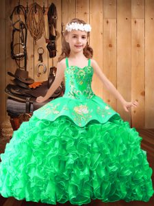Sweet Turquoise Pageant Dresses Satin and Organza Brush Train Sleeveless Embroidery and Ruffles