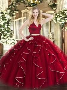 Wine Red Sleeveless Ruffles Floor Length 15th Birthday Dress