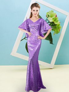 Lavender V-neck Neckline Sequins Prom Party Dress Half Sleeves Zipper