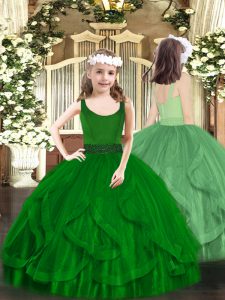 Beading and Ruffles Pageant Dress for Girls Dark Green Zipper Sleeveless Floor Length