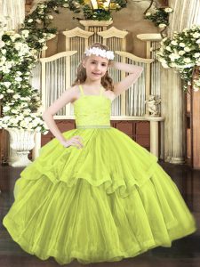 Sleeveless Floor Length Beading and Lace Zipper Kids Pageant Dress with Yellow Green