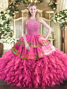 Hot Pink Sleeveless Tulle Zipper Quinceanera Gown for Military Ball and Sweet 16 and Quinceanera