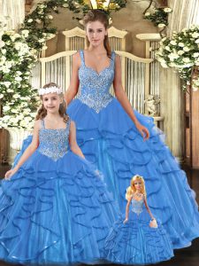 Baby Blue Tulle Lace Up Straps Sleeveless Floor Length Quince Ball Gowns Beading and Ruffles