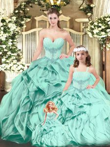 Best Selling Aqua Blue Organza Lace Up Quinceanera Gowns Sleeveless Floor Length Beading and Ruffles