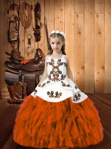 Floor Length Orange Red Pageant Gowns For Girls Straps Sleeveless Lace Up
