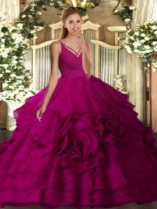 Perfect Sleeveless Organza Floor Length Backless Ball Gown Prom Dress in Fuchsia with Ruffled Layers