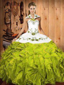 Luxury Olive Green Ball Gowns Halter Top Sleeveless Satin and Organza Floor Length Lace Up Embroidery and Ruffles Sweet 