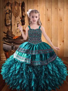 Satin and Tulle Straps Sleeveless Lace Up Beading and Appliques and Ruffles Little Girl Pageant Gowns in Peacock Green