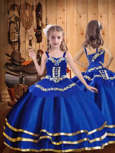 Beading and Embroidery and Ruffled Layers Child Pageant Dress Royal Blue Lace Up Sleeveless Floor Length