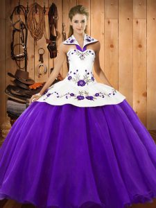 Floor Length Purple 15 Quinceanera Dress Halter Top Sleeveless Lace Up