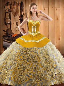Multi-color Satin and Fabric With Rolling Flowers Lace Up 15 Quinceanera Dress Sleeveless With Train Sweep Train Embroid