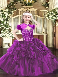 Fuchsia Organza Lace Up Straps Sleeveless Floor Length Winning Pageant Gowns Beading and Ruffles