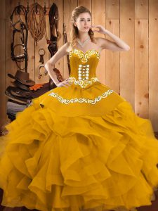 Gold Lace Up 15 Quinceanera Dress Embroidery and Ruffles Sleeveless Floor Length