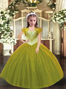 Olive Green Sleeveless Floor Length Beading Lace Up Little Girls Pageant Dress