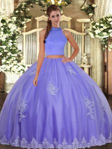 Lavender Quinceanera Gown Military Ball and Sweet 16 and Quinceanera with Beading and Appliques Halter Top Sleeveless Ba