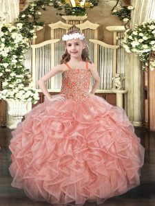 Best Pink Straps Lace Up Beading and Ruffles Pageant Gowns For Girls Sleeveless