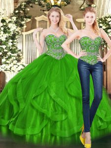 Superior Green Tulle Lace Up Sweetheart Sleeveless Floor Length Quinceanera Gown Beading and Ruffles