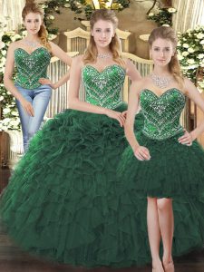 Discount Floor Length Lace Up Quinceanera Gown Dark Green for Military Ball and Sweet 16 and Quinceanera with Beading an