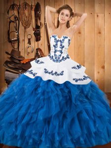 Strapless Sleeveless Quinceanera Gowns Floor Length Embroidery and Ruffles Blue And White Satin and Organza