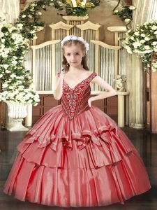 Coral Red Sleeveless Floor Length Beading and Ruffled Layers Lace Up Pageant Dress for Girls