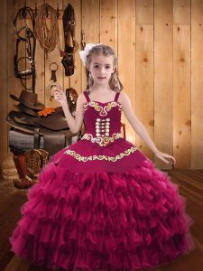 Straps Sleeveless Organza Little Girl Pageant Dress Embroidery and Ruffled Layers Lace Up