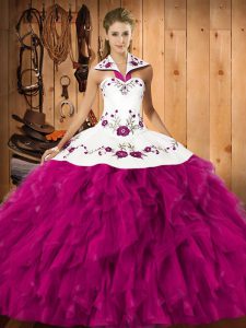 New Style Sleeveless Floor Length Embroidery and Ruffles Lace Up Sweet 16 Quinceanera Dress with Fuchsia