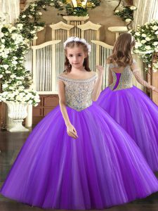 Purple Off The Shoulder Lace Up Beading Pageant Gowns For Girls Sleeveless